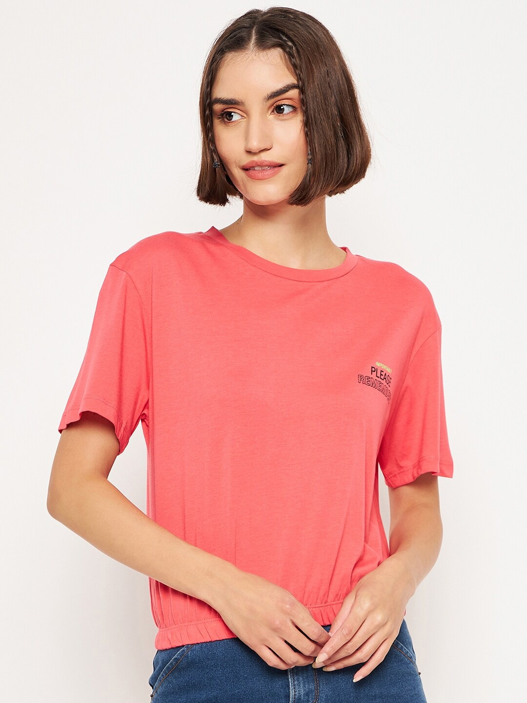 

Madame Printed Drop Shoulder Sleeves Cotton Top, Coral