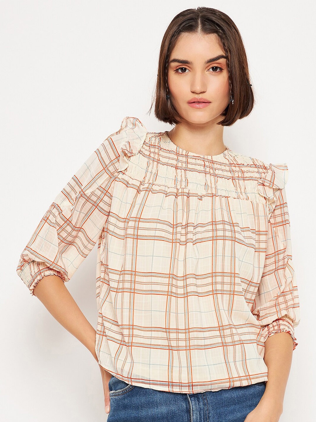 

Madame Checked Cuffed Sleeves Top, Beige