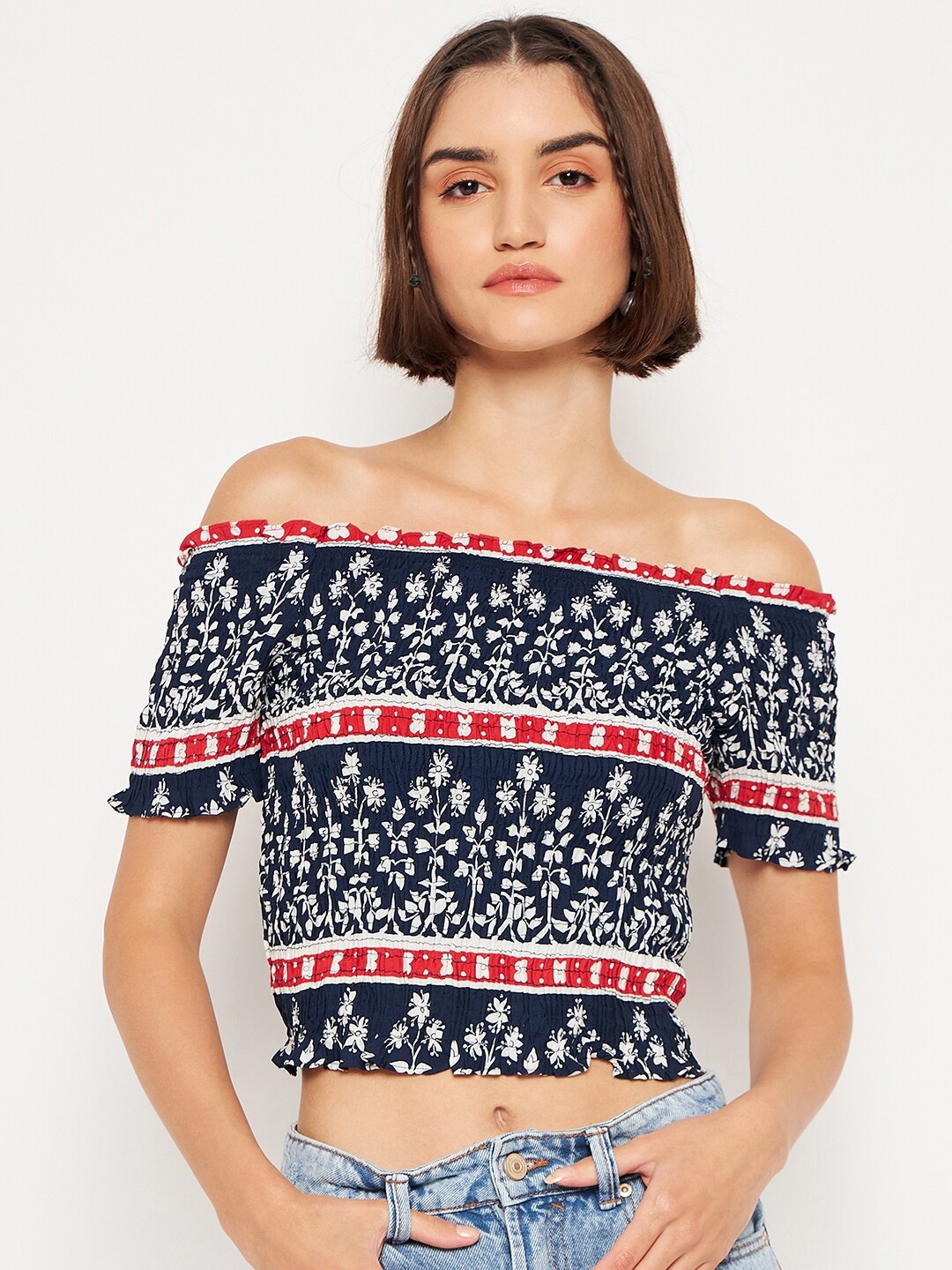 

Madame Tribal Printed Off-Shoulder Bardot Crop Top, Navy blue