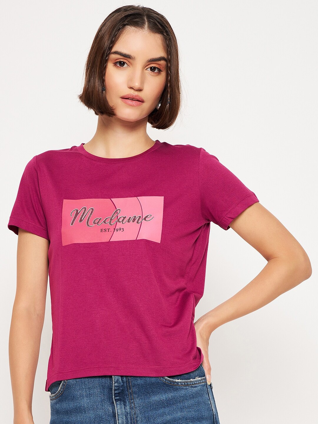 

Madame Typography Printed Round Neck Top, Purple