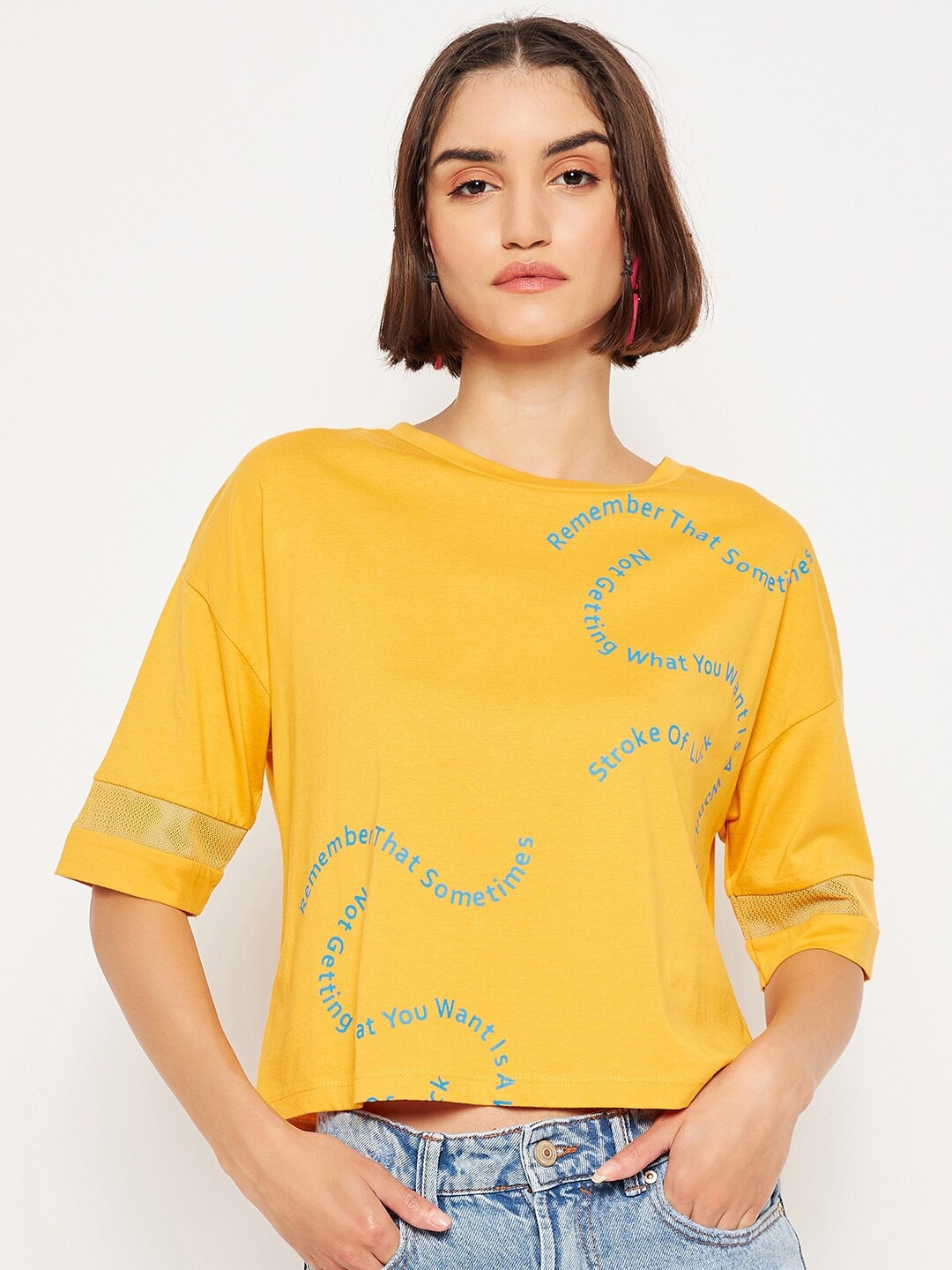 

Madame Printed Drop Shoulder Sleeves Cotton Crop Top, Yellow