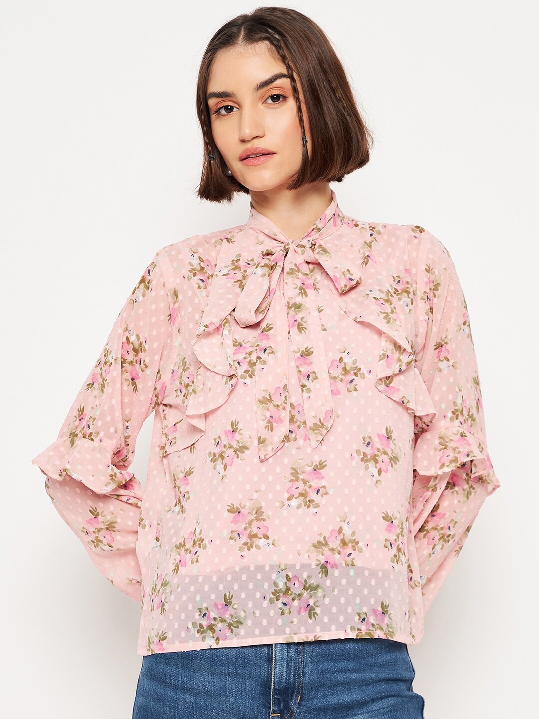 

Madame Floral Printed Ruffles Tie-Up Neck Top, Pink