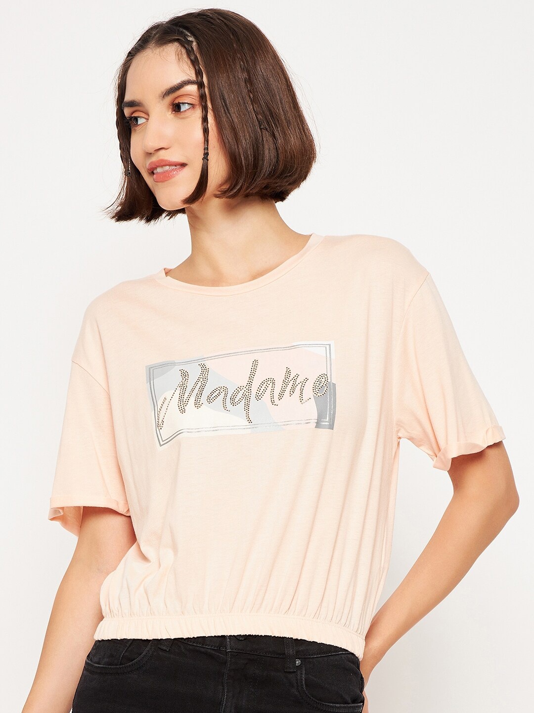 

Madame Printed Drop Shoulder Sleeves Cotton Blouson Top, Peach