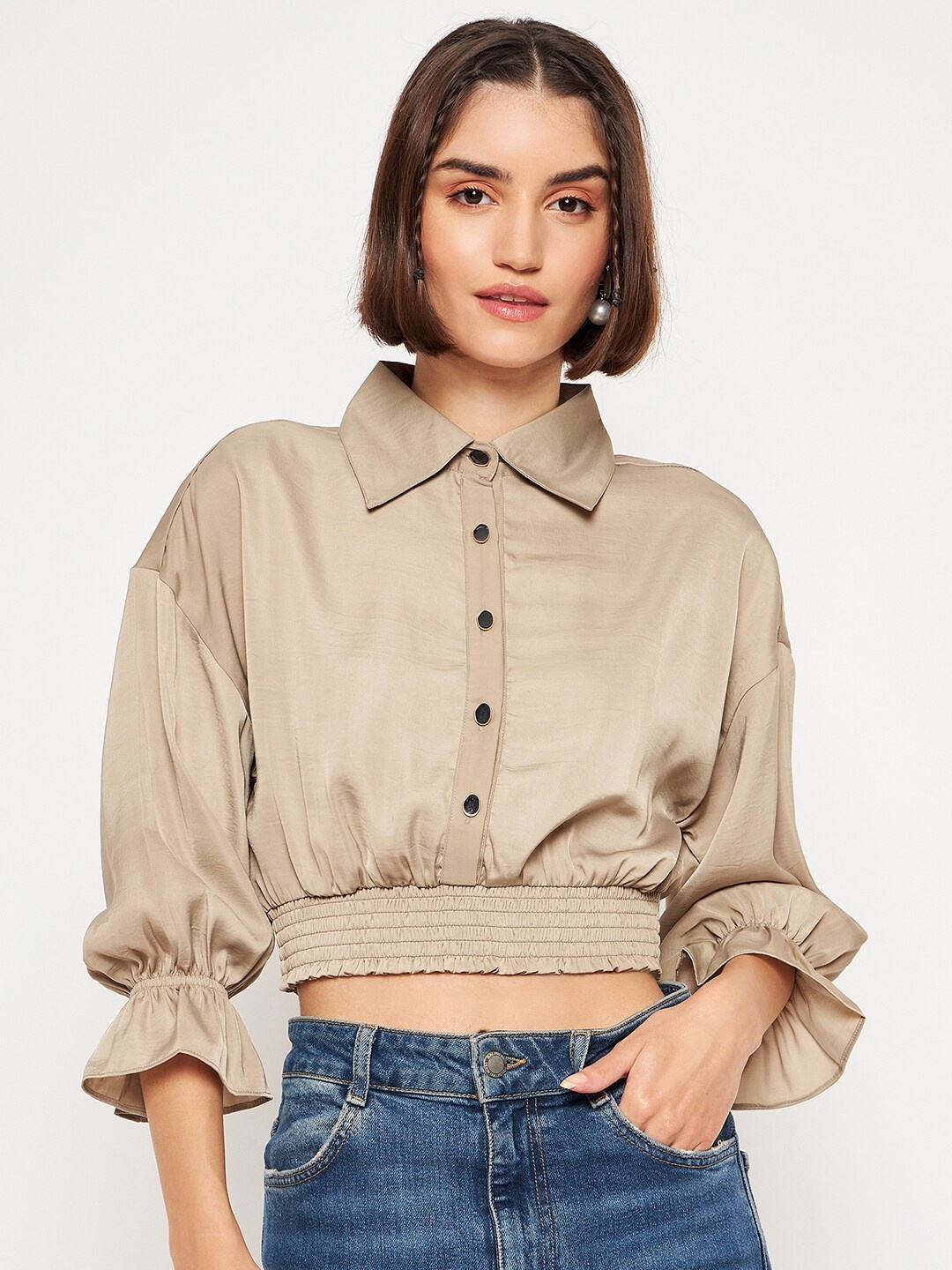 

Madame Puff Sleeves Smocked Shirt Style Crop Top, Beige