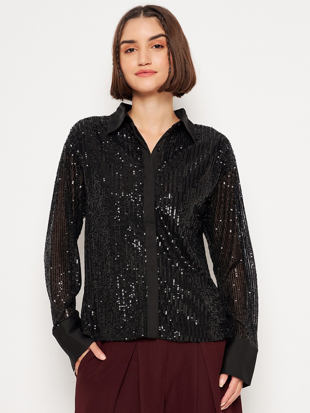 

Madame Sequined Cuff Sleeves Embellished Shirt Style Top, Black