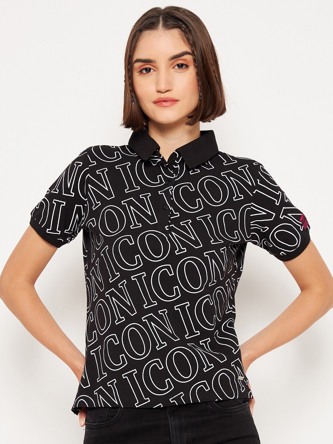 

Madame Typography Printed Pure Cotton Shirt Style Top, Black