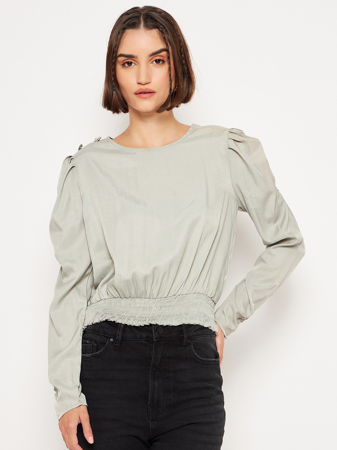 

Madame Pleated Smocked Puff Sleeves Blouson Top, Green