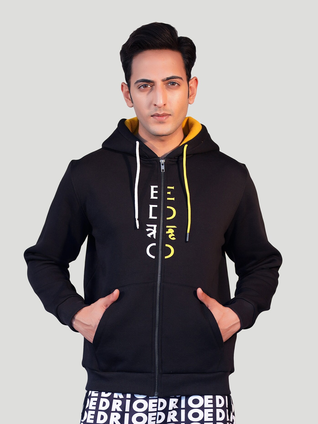 

EDRIO Typography Printed Cotton Hooded Sweatshirt, Black