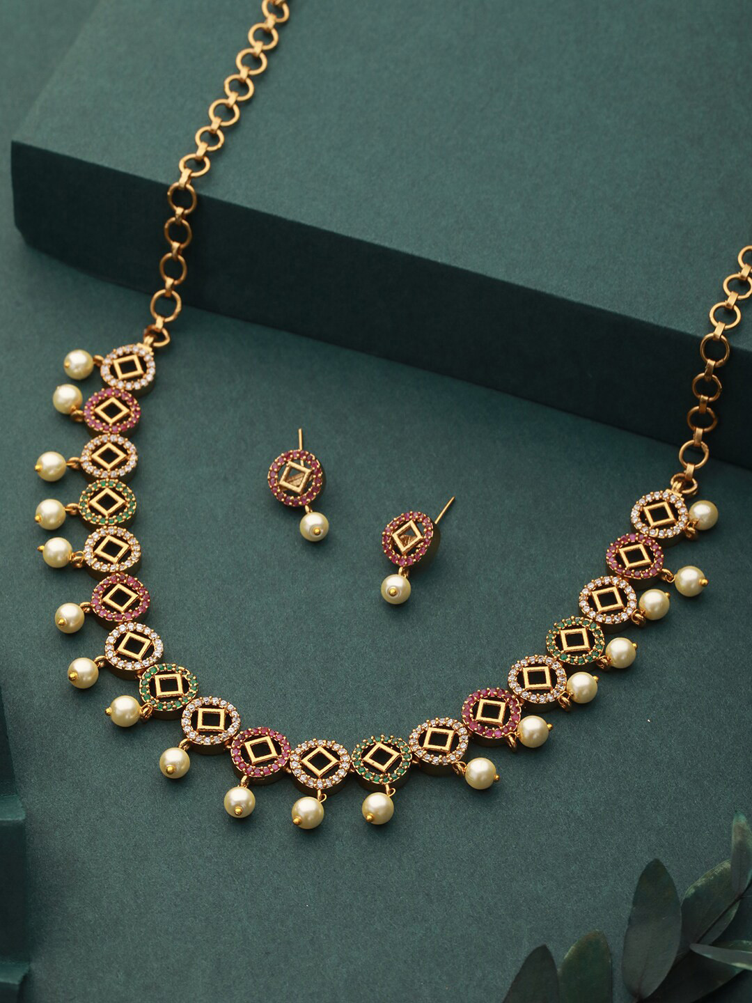 

Saraf RS Jewellery Cubic Zirconia Studded & Beaded Jewellery Set, Gold