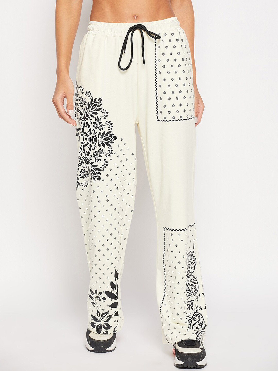 

EDRIO Women Floral Printed Cotton Relaxed-Fit Track Pants, Off white