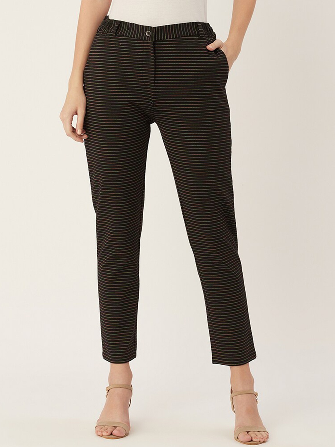 

EDRIO Women Striped Cotton Slim Fit Trousers, Black