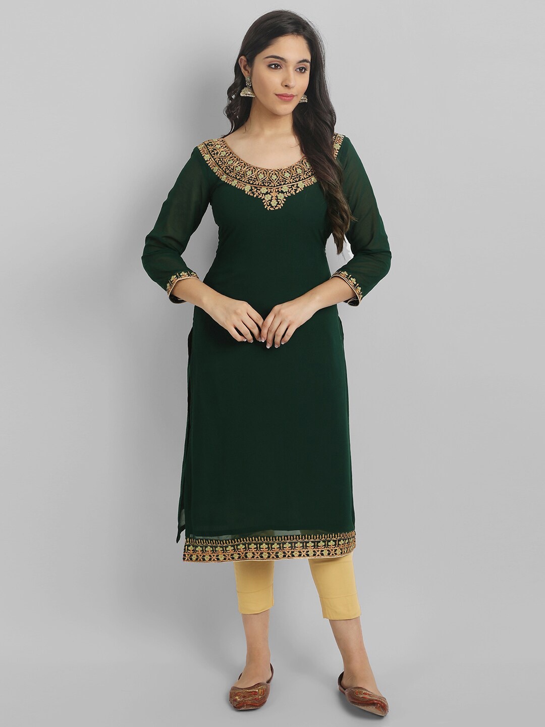 

Femvy Floral Embroidered Georgette Straight Kurta, Green