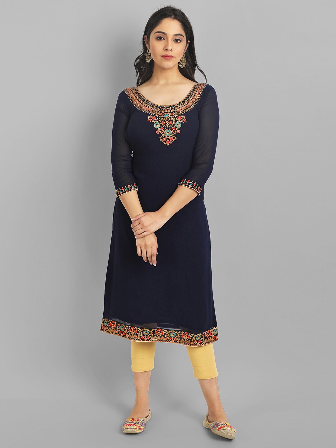 

Femvy Floral Embroidered Georgette Straight Kurta, Black