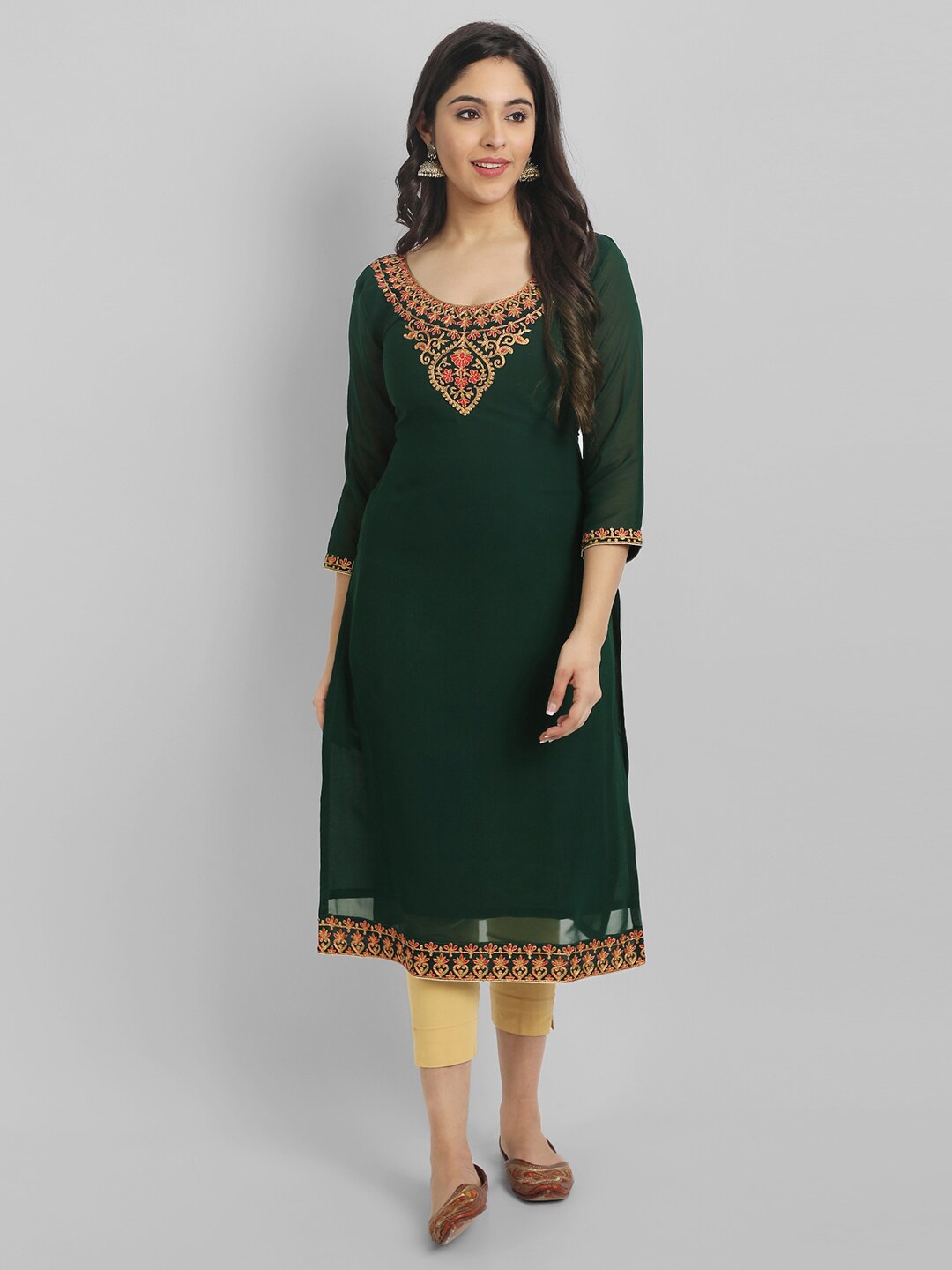 

Femvy Floral Embroidered Thread Work Georgette Kurta, Green