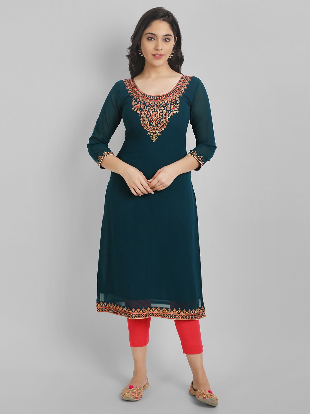 

Femvy Floral Embroidered Georgette Straight Kurta, Teal