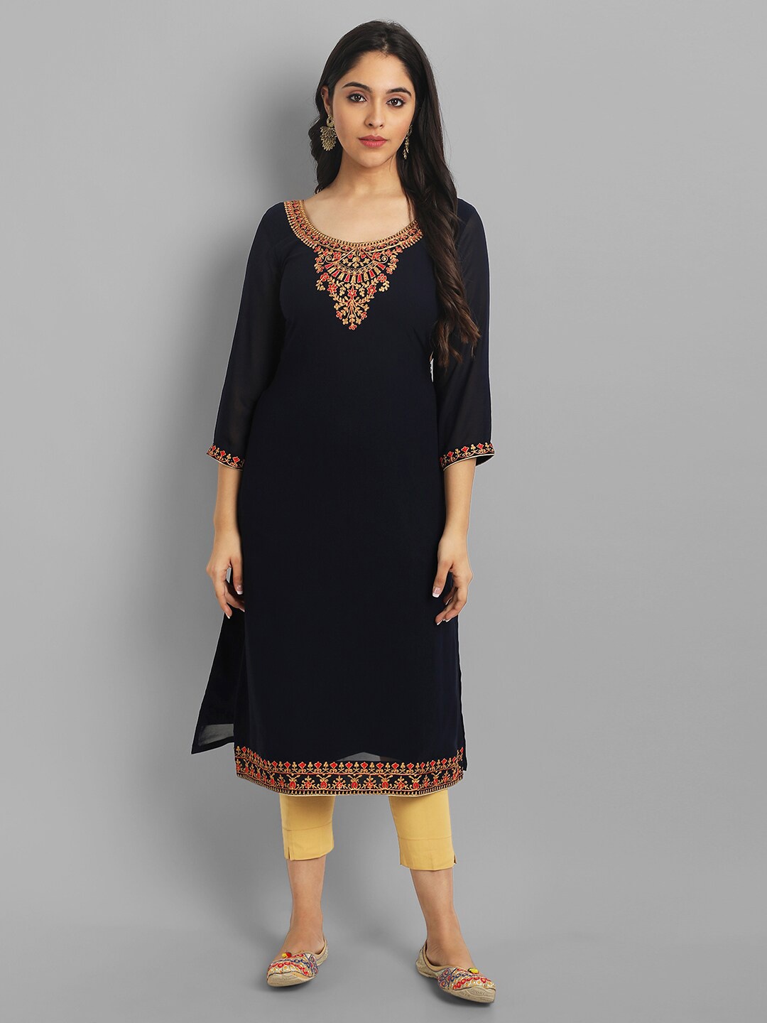 

Femvy Floral Embroidered Georgette Straight Kurta, Black