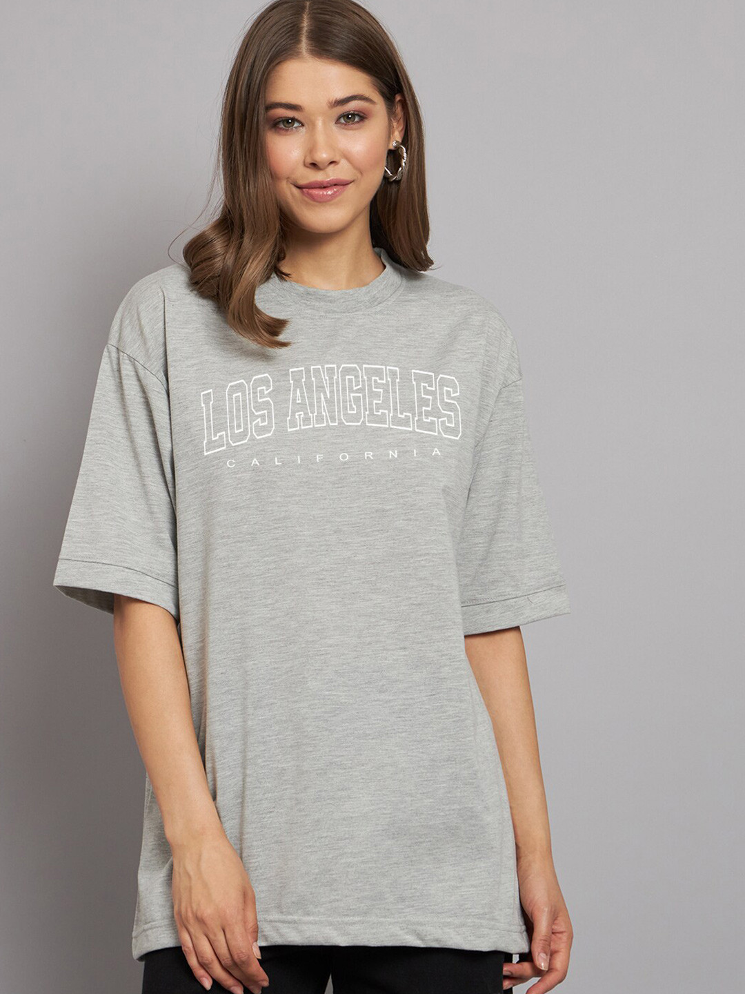 

Imsa Moda Typography Printed Drop-Shoulder Sleeves Cotton Oversized T-Shirt, Grey