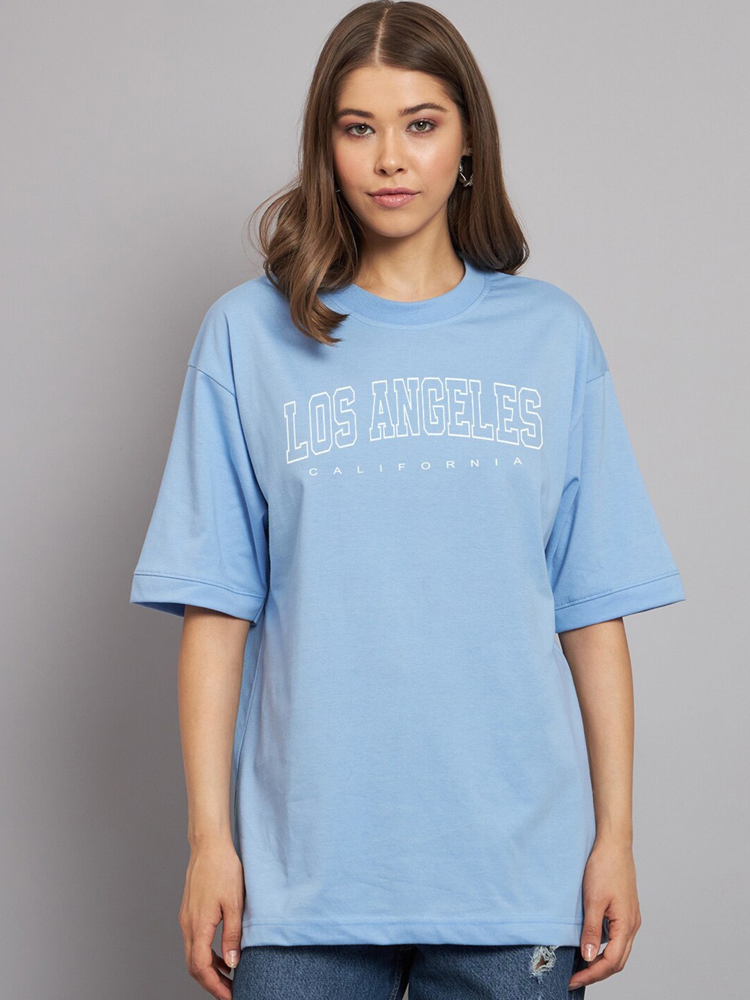 

Imsa Moda Typography Printed Drop-Shoulder Sleeves Cotton Oversized T-Shirt, Blue