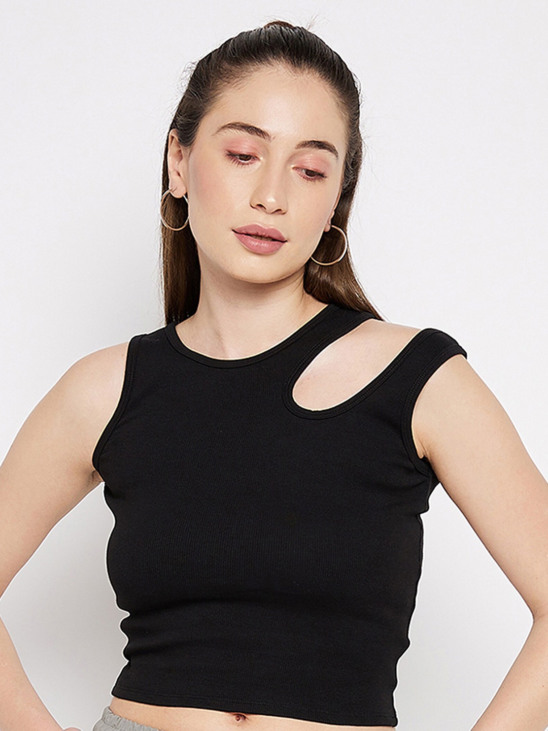 

EDRIO Cut-Out Detail Cotton Crop Top, Black