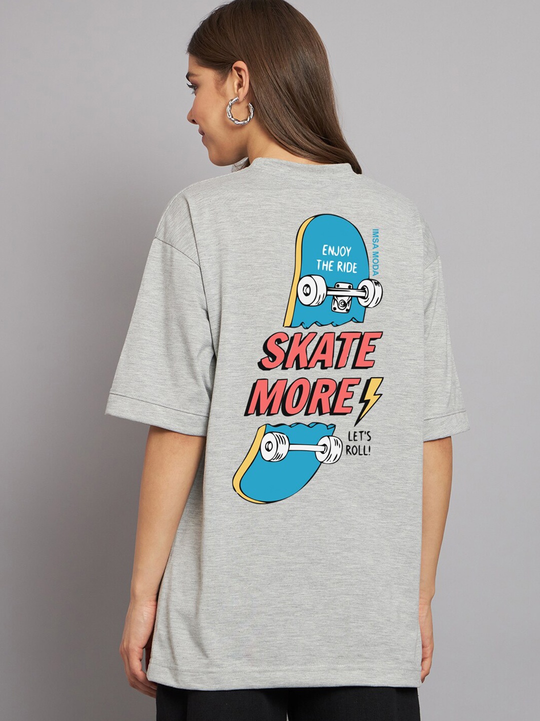 

Imsa Moda Typography Printed Drop-Shoulder Sleeves Cotton Oversized T-Shirt, Grey