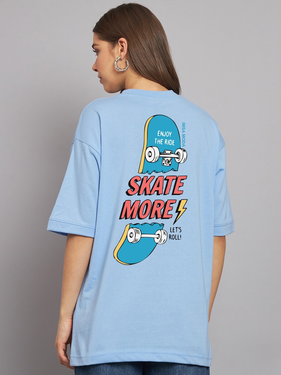 

Imsa Moda Typography Printed Drop-Shoulder Sleeves Cotton Oversized T-Shirt, Blue