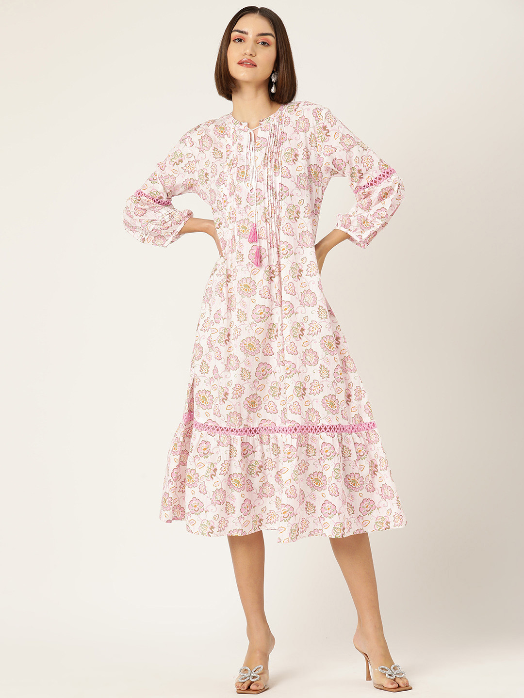 

MISRI Floral Print Tie-Up Neck Cotton A-Line Midi Dress, Off white