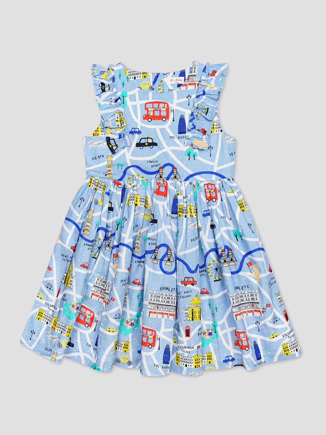

H By Hamleys Girls Graphic Printed Pure Cotton Fit & Flare Dress, Blue