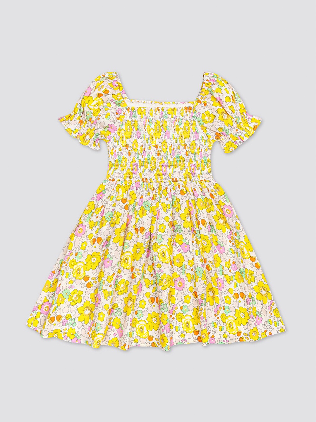 

H By Hamleys Girls Floral Printed Puff Sleeves Fit & Flare Dress, Yellow