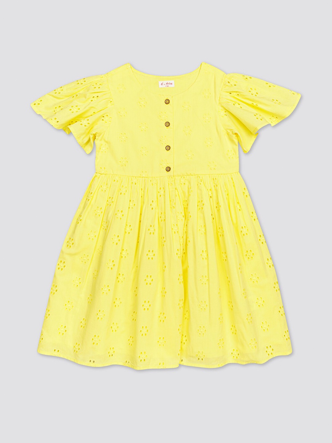 

H By Hamleys Girls Self Design Flared Sleeves Pure Cotton Fit & Flare Dress, Yellow