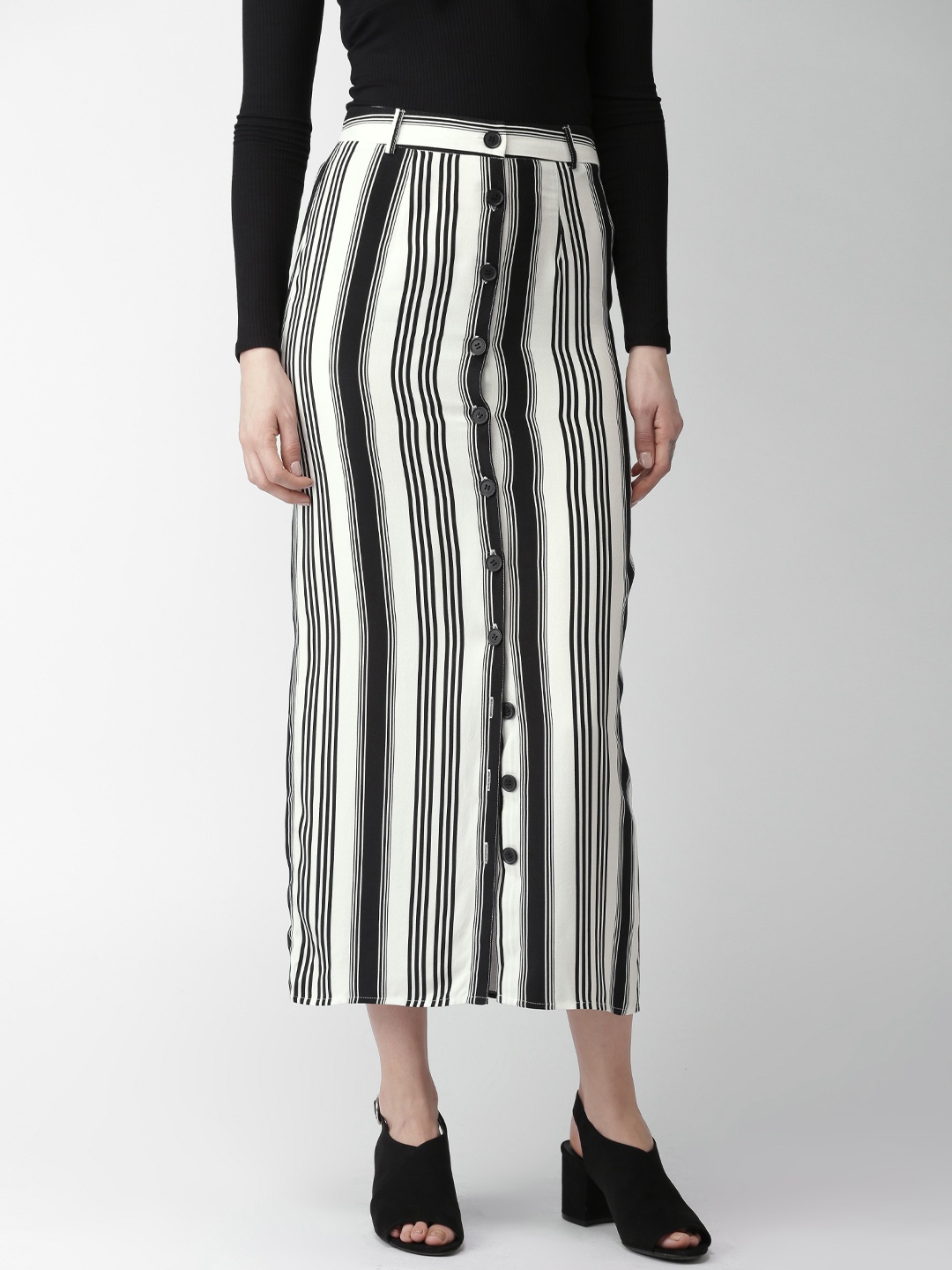 

FOREVER 21 White & Black Striped Midi Skirt