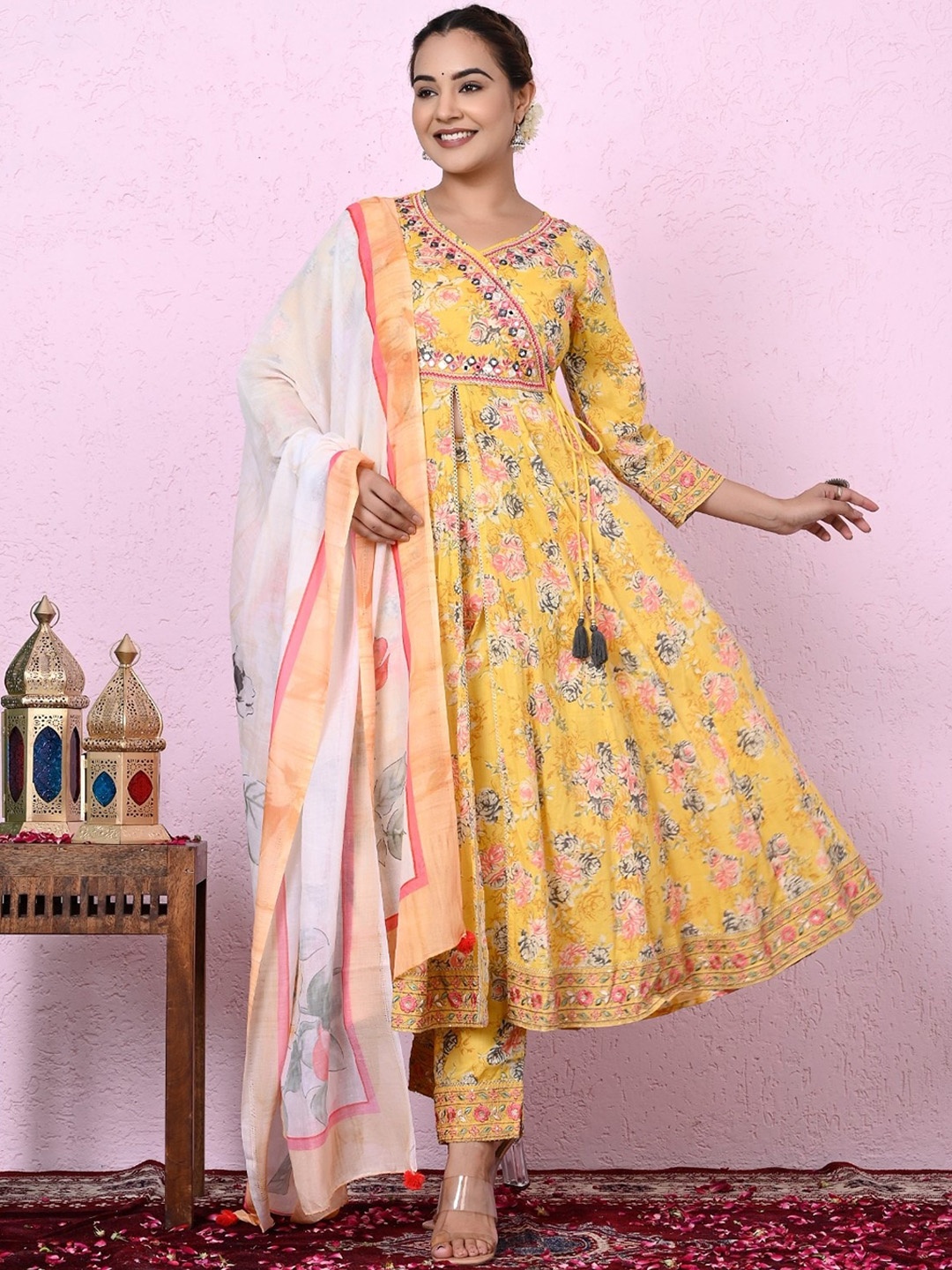 

Ramas Floral Printed Angrakha Mirror Work Pure Cotton Kurta With Trousers & With Dupatta, Yellow