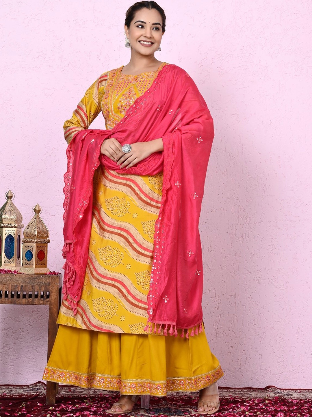 

Ramas Leheriya Printed Thread Work Kurta With Palazzos & With Dupatta, Mustard