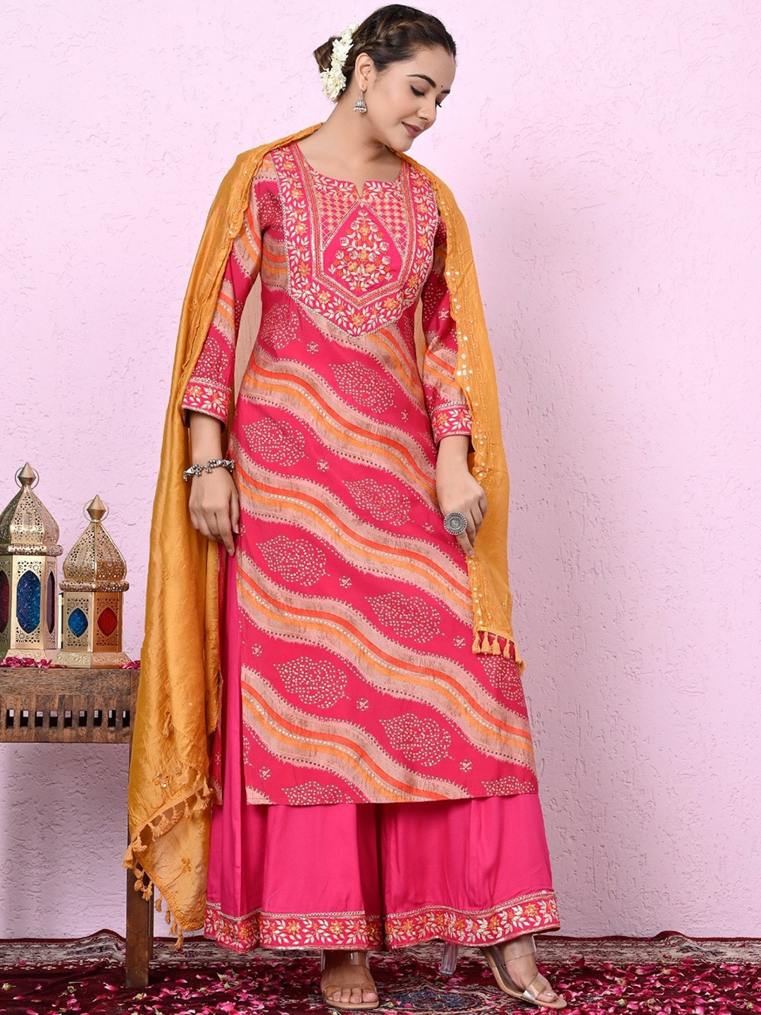 

Ramas Leheriya Printed Thread Work Kurta With Palazzos & With Dupatta, Pink