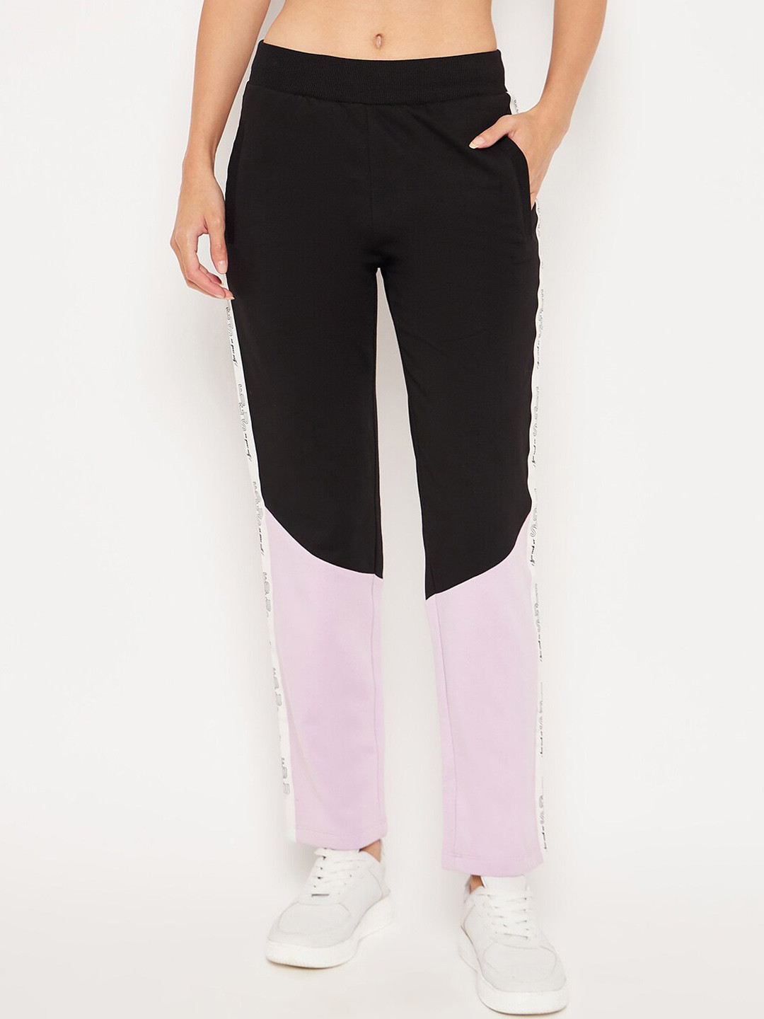 

Madame Women Colourblocked Cotton Track Pants, Black