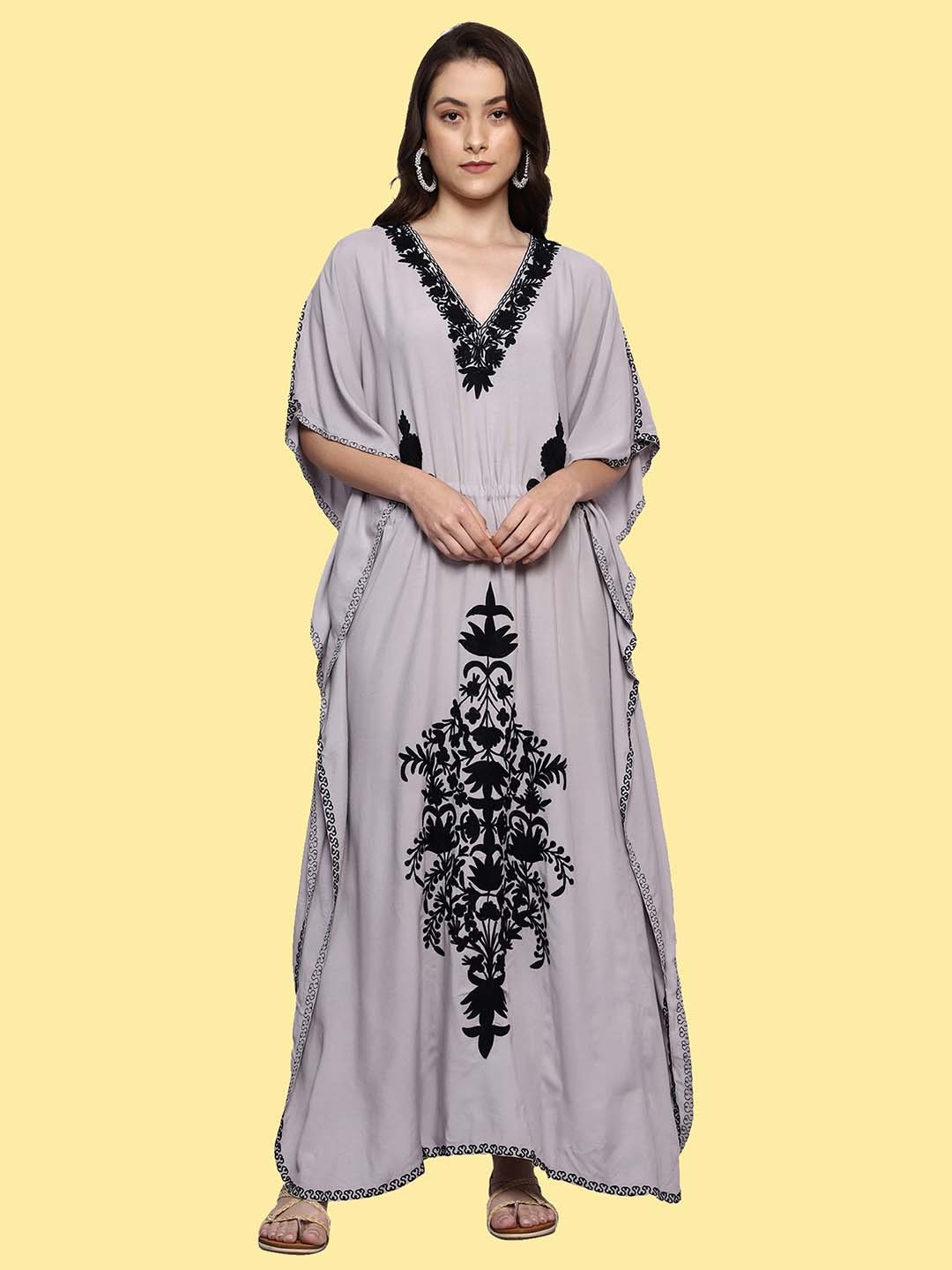 

CRAFTBAZAR Ethnic Motif Embroidered Kaftan Maxi Ethnic Dress, Grey