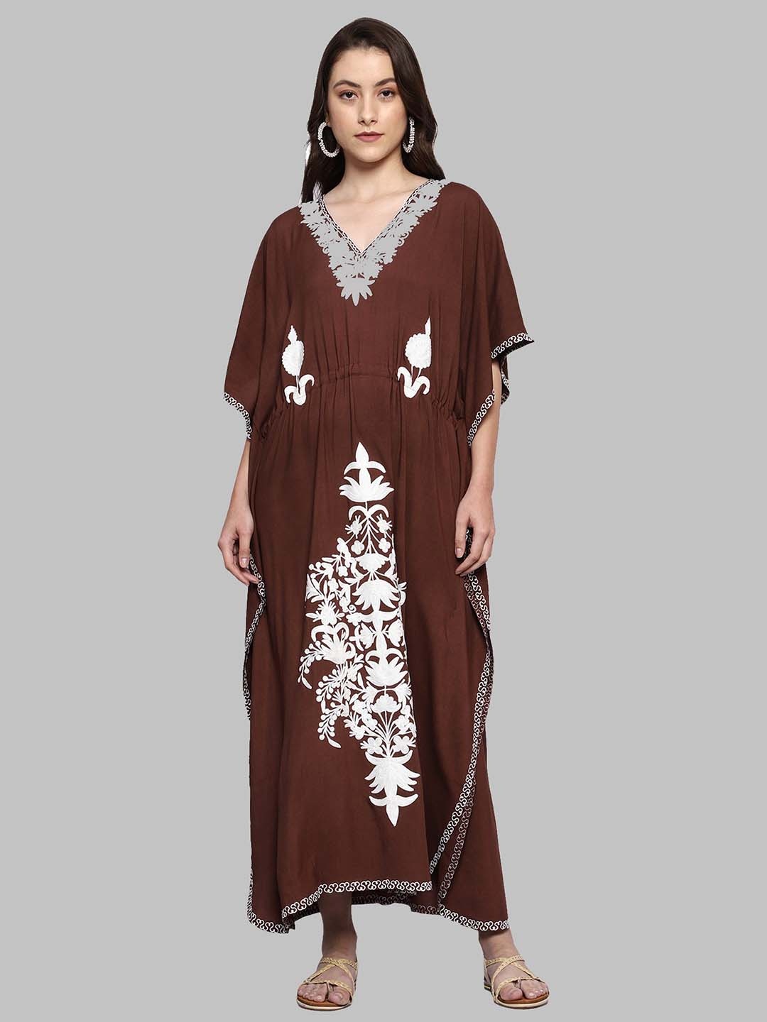 

CRAFTBAZAR Ethnic Motif Embroidered Kaftan Maxi Ethnic Dress, Brown