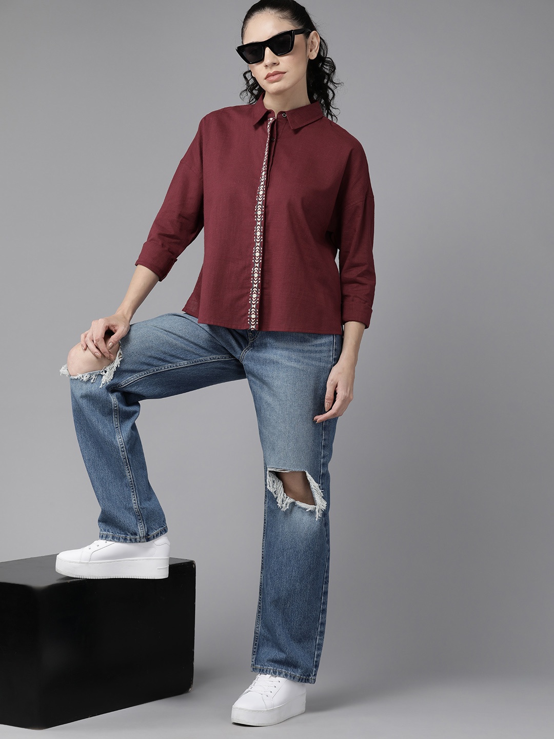 

Roadster Women Embroidered Opaque Casual Shirt, Maroon