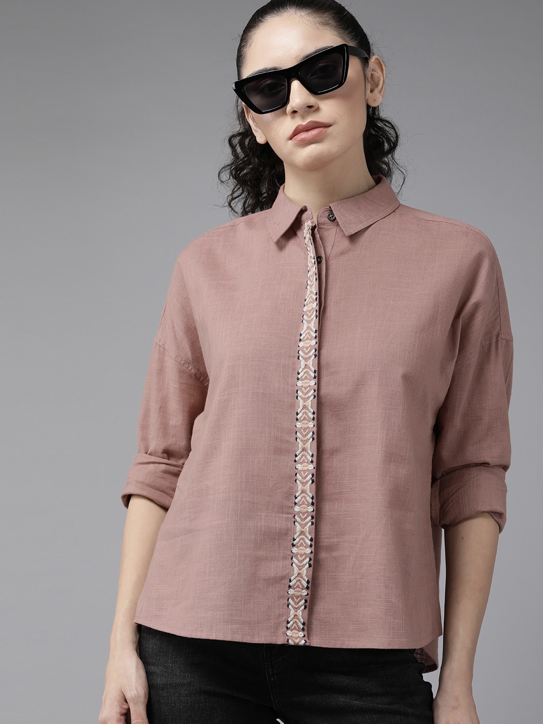 

Roadster Women Embroidered Opaque Casual Shirt, Mauve