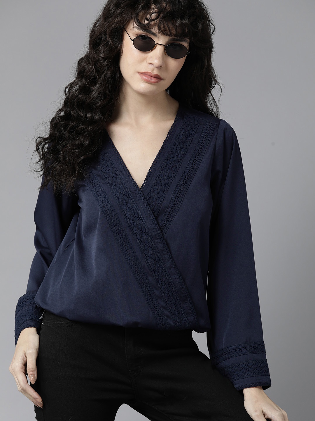 

Roadster Flared Sleeves Wrap Top with Lace Inserts, Navy blue