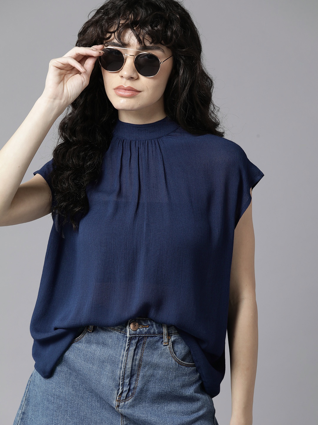 

Roadster Extended Sleeves Mandarin Collar Top, Navy blue