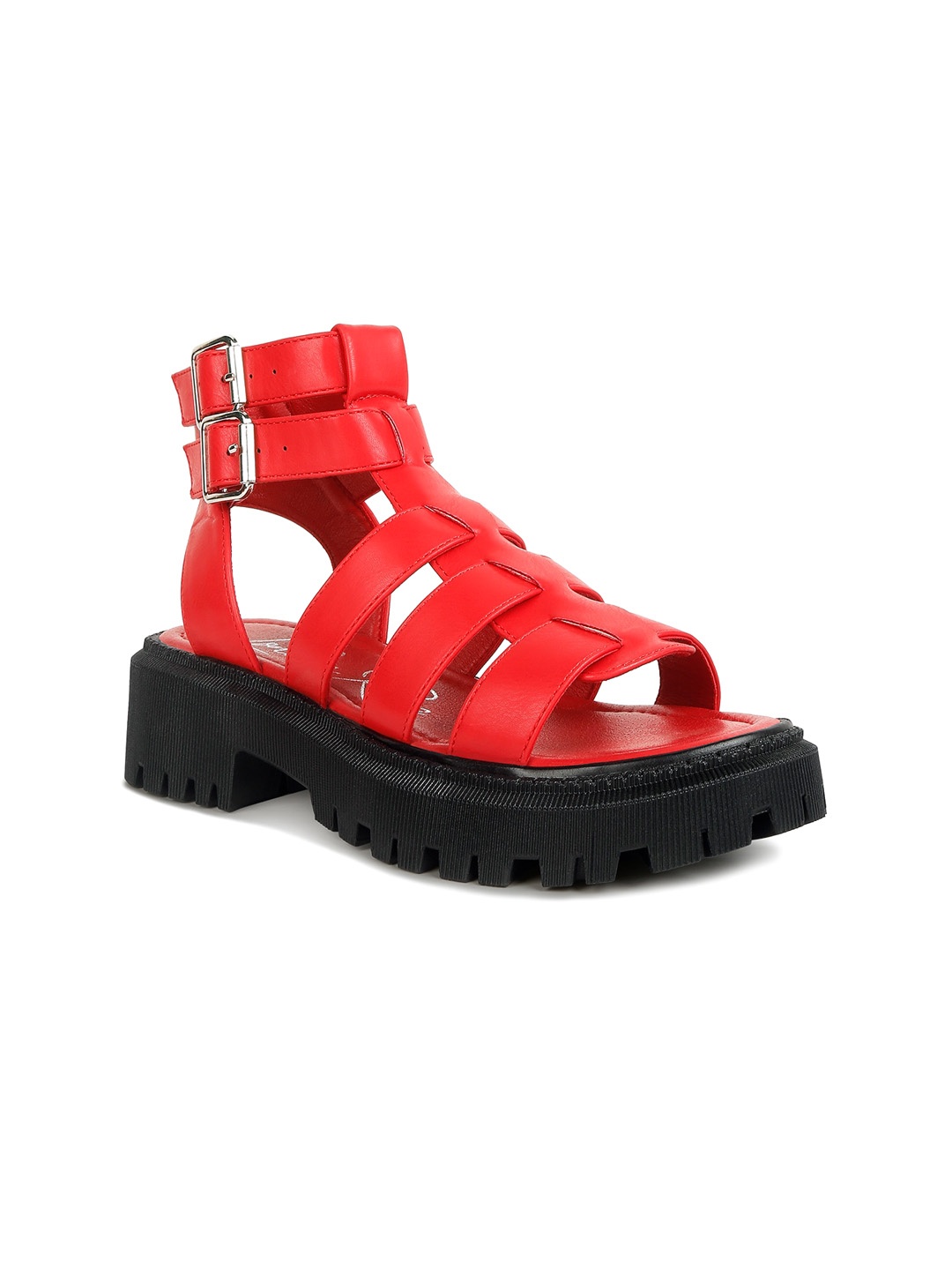 

London Rag Open Toe Platform Heels With Double Buckle Closure, Red