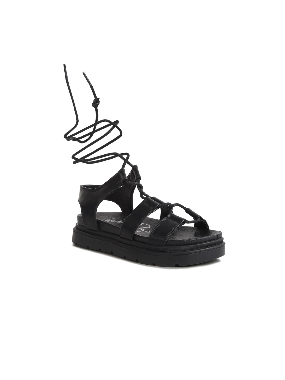 

London Rag Open Toe Flatform Gladiators With Lace- Up, Black