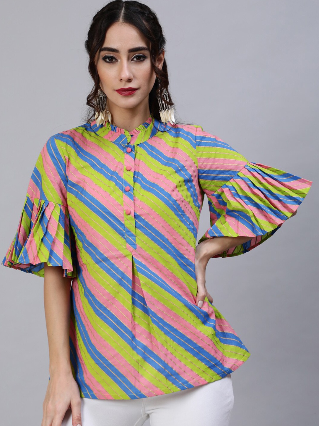 

AKS Mandarin Collar Printed Tunic, Pink