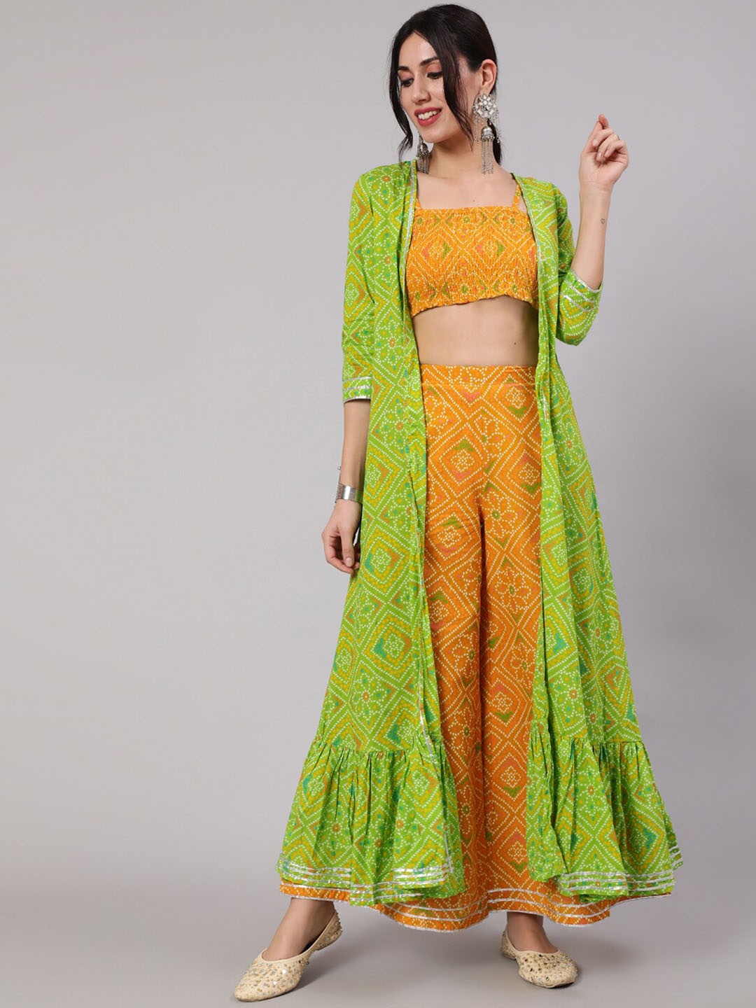 

AKS Bandhani Printed Cotton Co-Ords Set With Jacket, Green