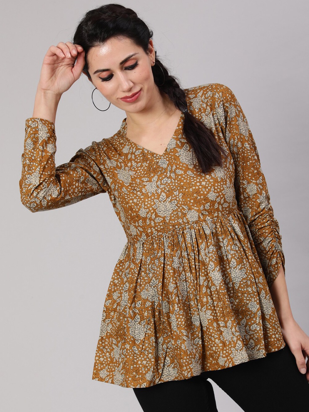 

AKS Floral Print Peplum Tunic, Mustard