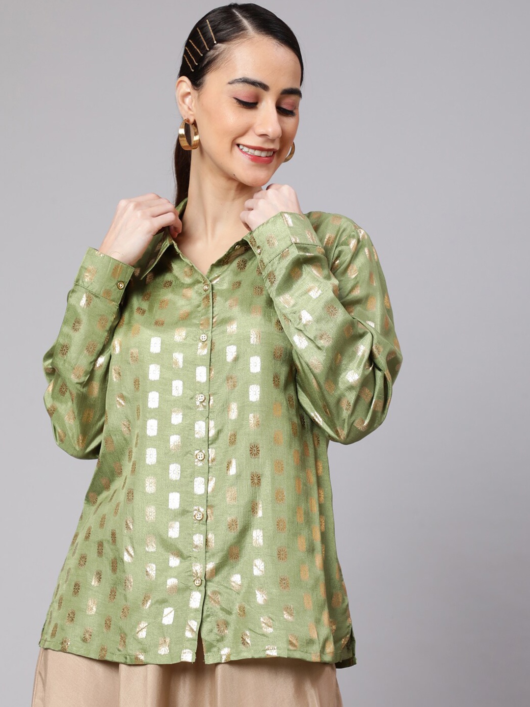 

AKS Opaque Ethnic Motif Foil Printed Party Shirt, Green