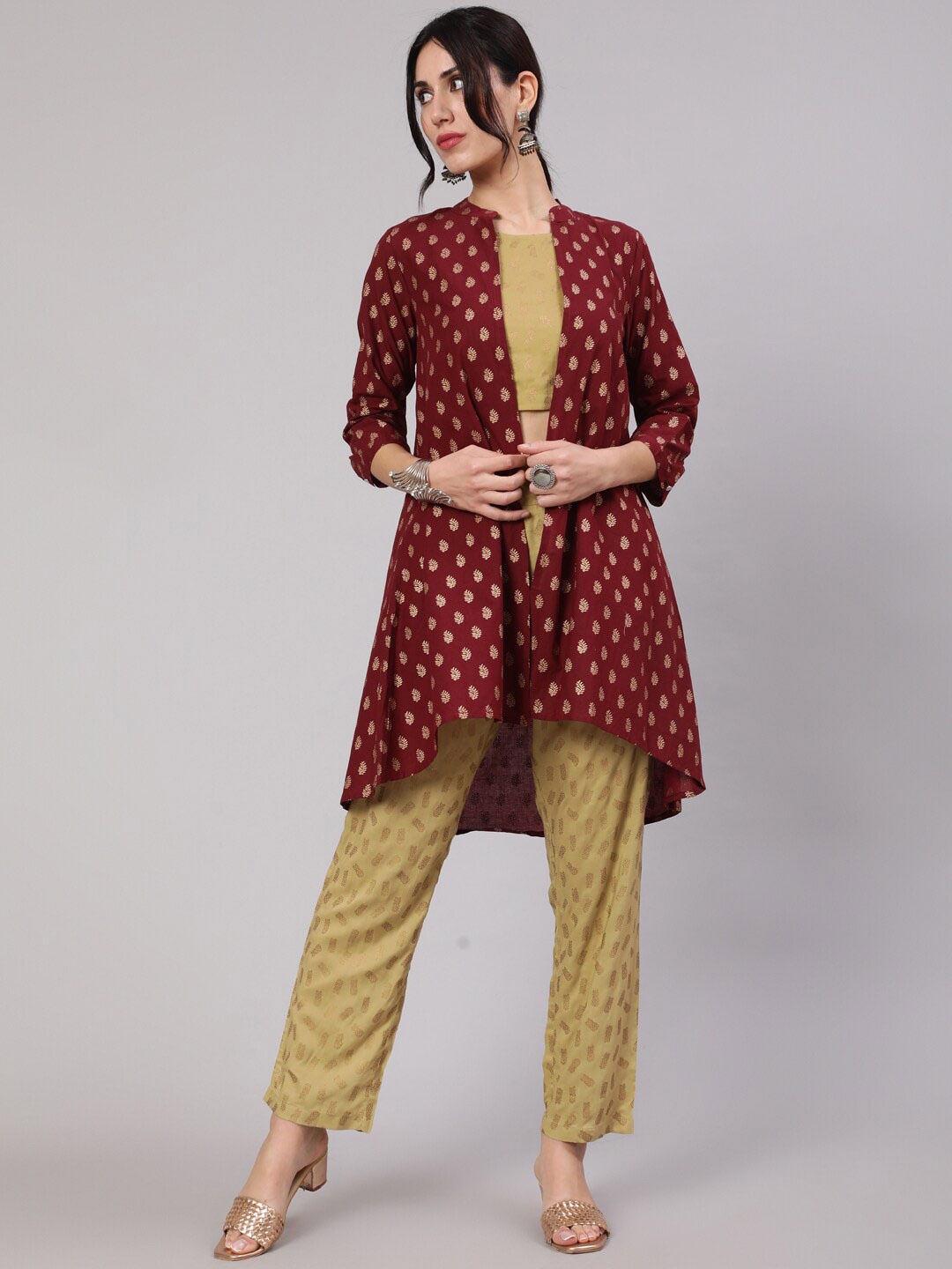 

AKS Printed Top With Palazzo & Jacket, Beige