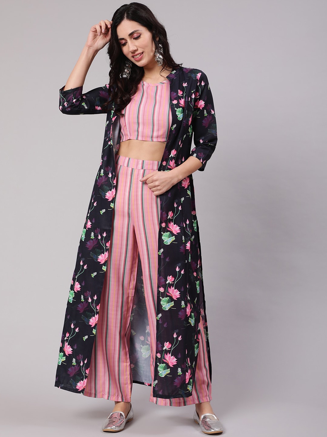 

AKS Printed Top With Palazzo & Jacket, Navy blue