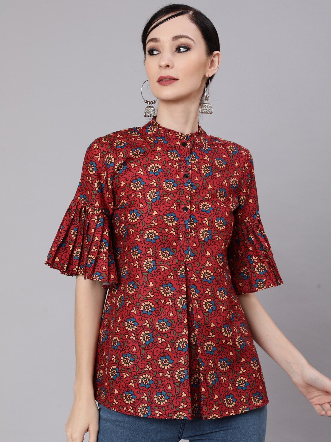 

AKS Mandarin Collar Printed Tunic, Maroon