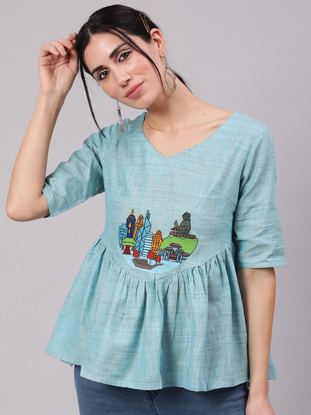 

AKS V-Neck Embroidered Tunic, Blue